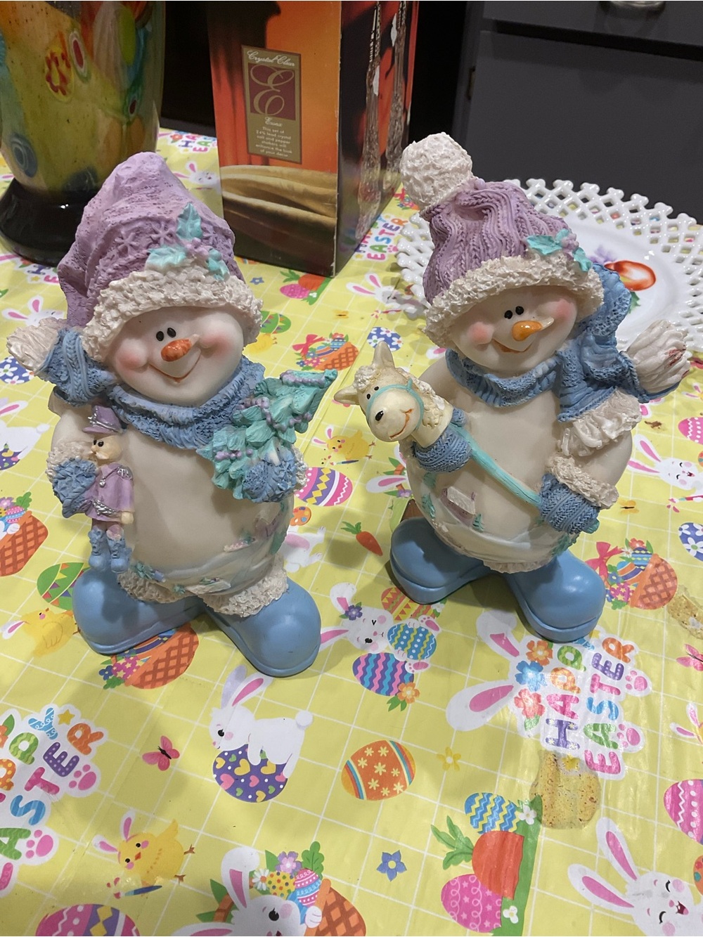 BP-Pastel Purple & Blue Winter Snowman Figurine Duo 7 INCHES TALL